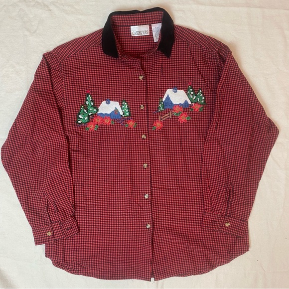 Vtg Christmas Plaid Button Up Shirt Large Cabins Snow Checkered Red Ugly Cute - Picture 2 of 4
